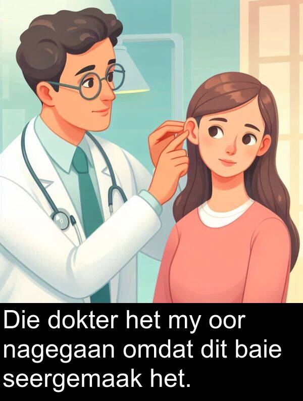 nagegaan: Die dokter het my oor nagegaan omdat dit baie seergemaak het.