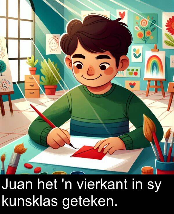 geteken: Juan het 'n vierkant in sy kunsklas geteken.