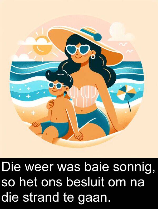 besluit: Die weer was baie sonnig, so het ons besluit om na die strand te gaan.