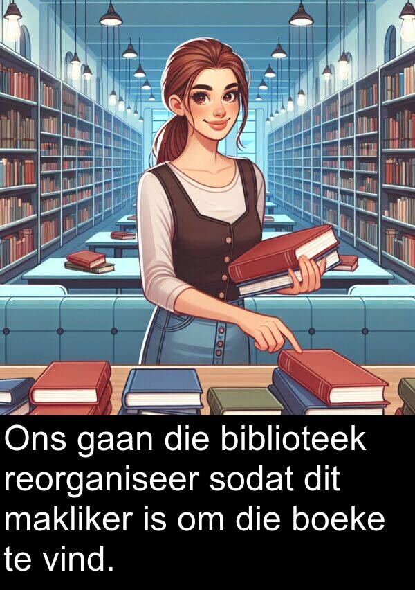 reorganiseer: Ons gaan die biblioteek reorganiseer sodat dit makliker is om die boeke te vind.