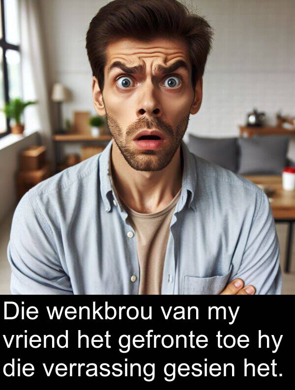 verrassing: Die wenkbrou van my vriend het gefronte toe hy die verrassing gesien het.