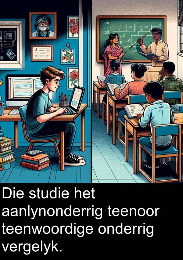 teenoor: Die studie het aanlynonderrig teenoor teenwoordige onderrig vergelyk.