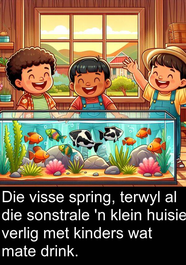 huisie: Die visse spring, terwyl al die sonstrale 'n klein huisie verlig met kinders wat mate drink.