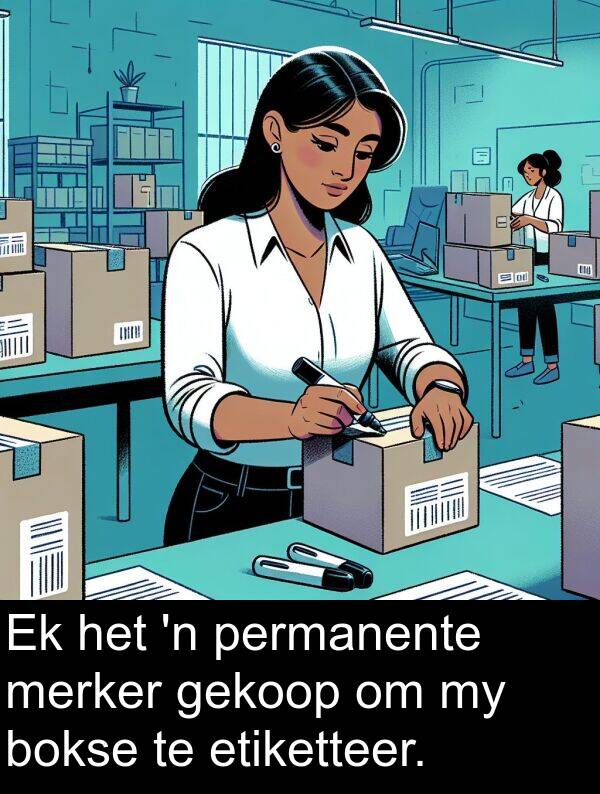 gekoop: Ek het 'n permanente merker gekoop om my bokse te etiketteer.