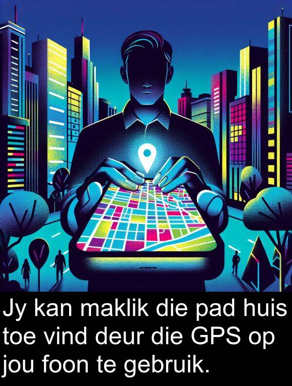 gebruik: Jy kan maklik die pad huis toe vind deur die GPS op jou foon te gebruik.