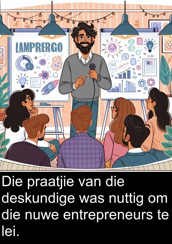 praatjie: Die praatjie van die deskundige was nuttig om die nuwe entrepreneurs te lei.