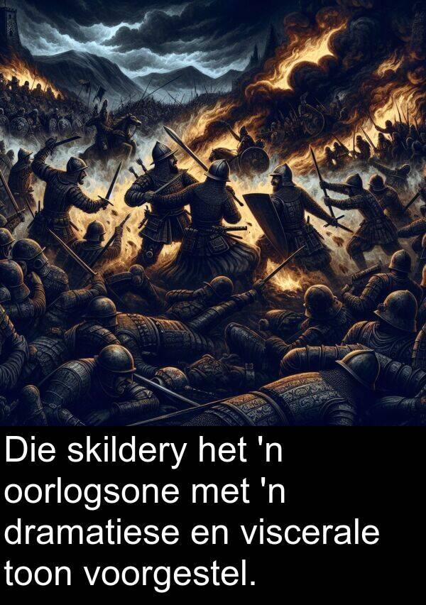 toon: Die skildery het 'n oorlogsone met 'n dramatiese en viscerale toon voorgestel.