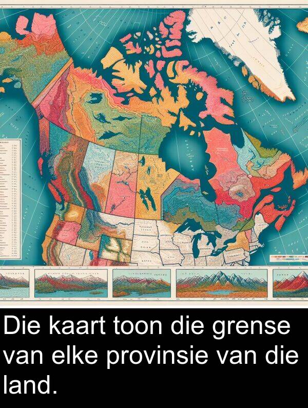 toon: Die kaart toon die grense van elke provinsie van die land.