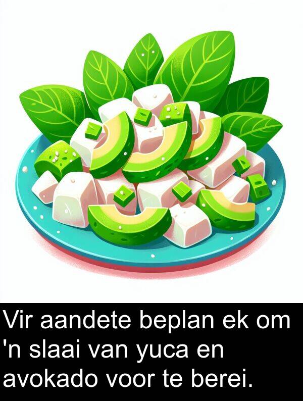 beplan: Vir aandete beplan ek om 'n slaai van yuca en avokado voor te berei.