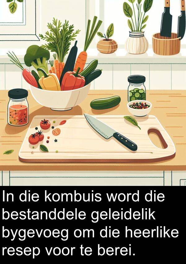 bestanddele: In die kombuis word die bestanddele geleidelik bygevoeg om die heerlike resep voor te berei.