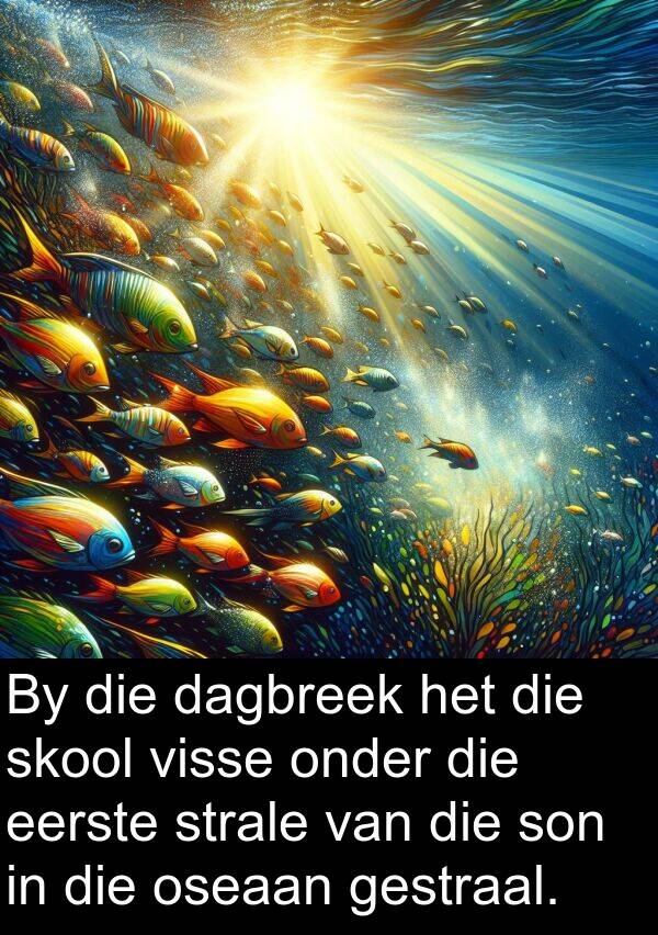 eerste: By die dagbreek het die skool visse onder die eerste strale van die son in die oseaan gestraal.