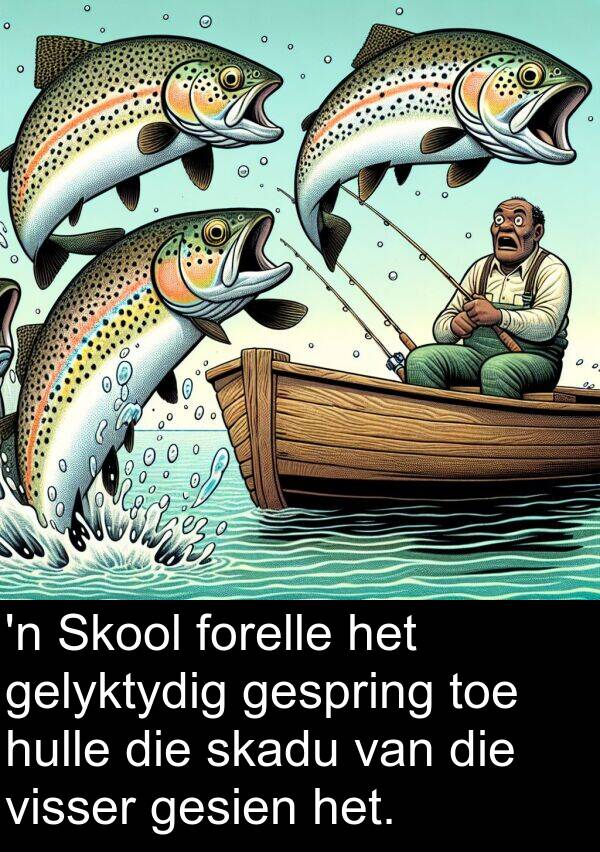 forelle: 'n Skool forelle het gelyktydig gespring toe hulle die skadu van die visser gesien het.