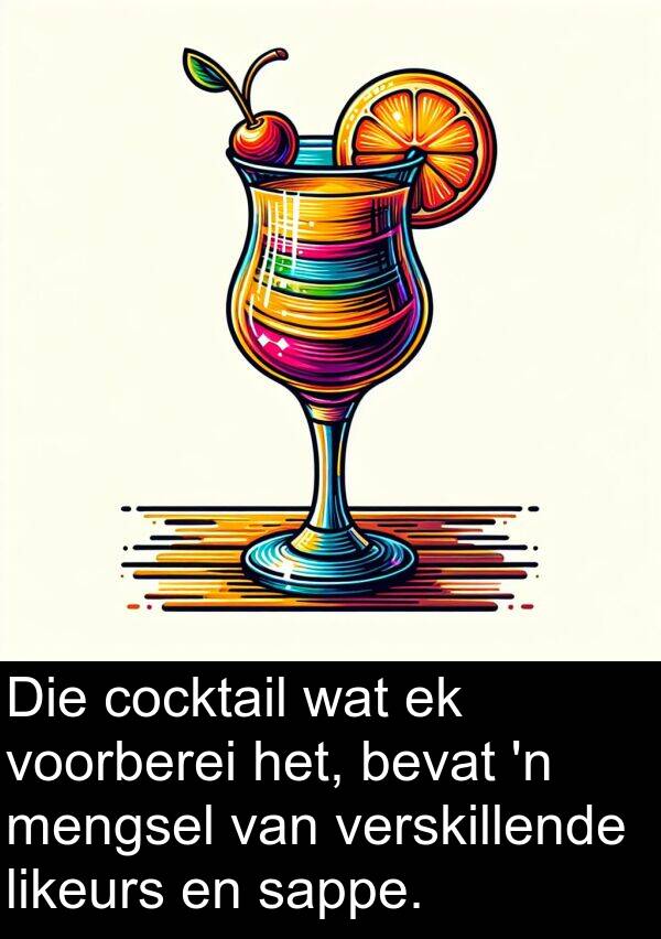 cocktail: Die cocktail wat ek voorberei het, bevat 'n mengsel van verskillende likeurs en sappe.