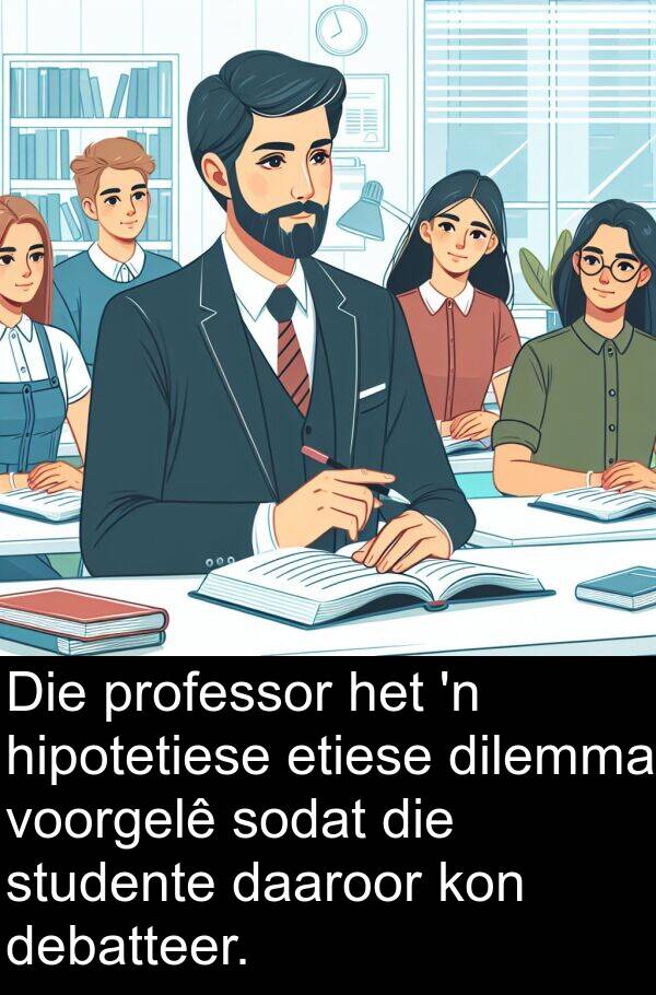 hipotetiese: Die professor het 'n hipotetiese etiese dilemma voorgelê sodat die studente daaroor kon debatteer.