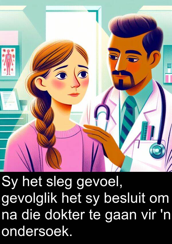 besluit: Sy het sleg gevoel, gevolglik het sy besluit om na die dokter te gaan vir 'n ondersoek.