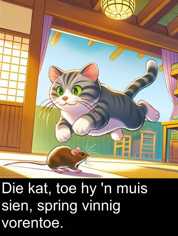 toe: Die kat, toe hy 'n muis sien, spring vinnig vorentoe.