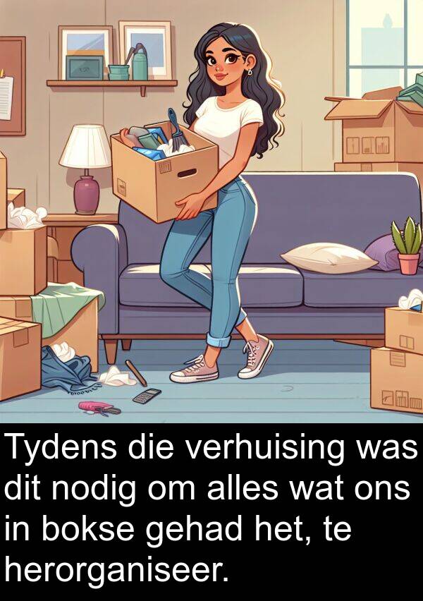 nodig: Tydens die verhuising was dit nodig om alles wat ons in bokse gehad het, te herorganiseer.