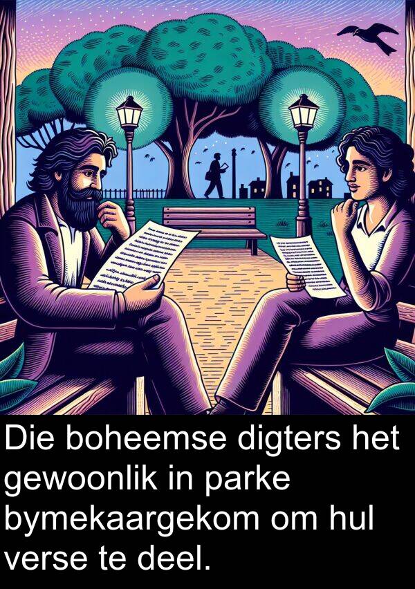 parke: Die boheemse digters het gewoonlik in parke bymekaargekom om hul verse te deel.