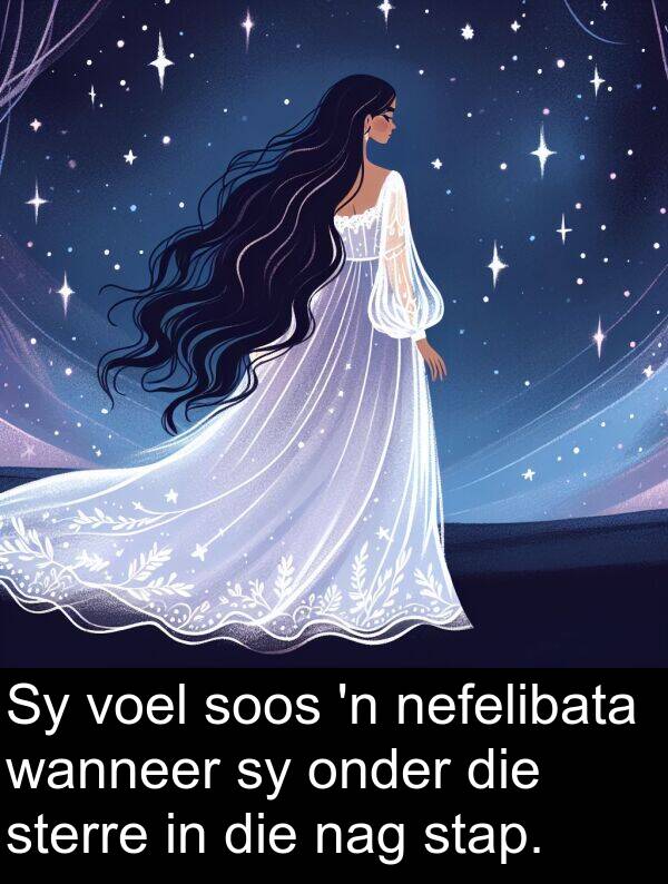 nefelibata: Sy voel soos 'n nefelibata wanneer sy onder die sterre in die nag stap.