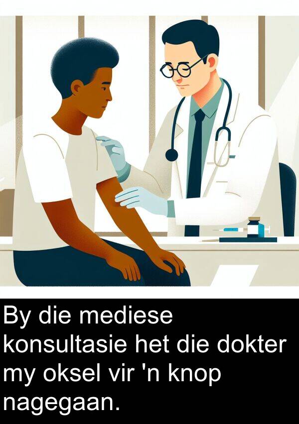 nagegaan: By die mediese konsultasie het die dokter my oksel vir 'n knop nagegaan.