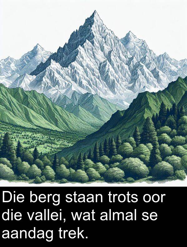 trots: Die berg staan trots oor die vallei, wat almal se aandag trek.