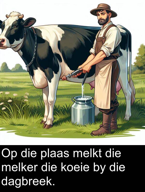 plaas: Op die plaas melkt die melker die koeie by die dagbreek.