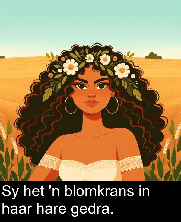 haar: Sy het 'n blomkrans in haar hare gedra.