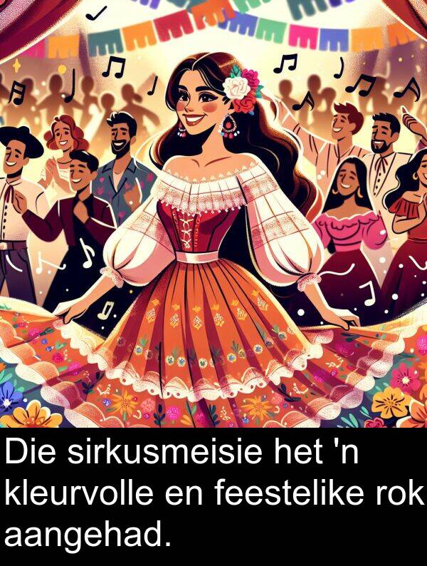 feestelike: Die sirkusmeisie het 'n kleurvolle en feestelike rok aangehad.