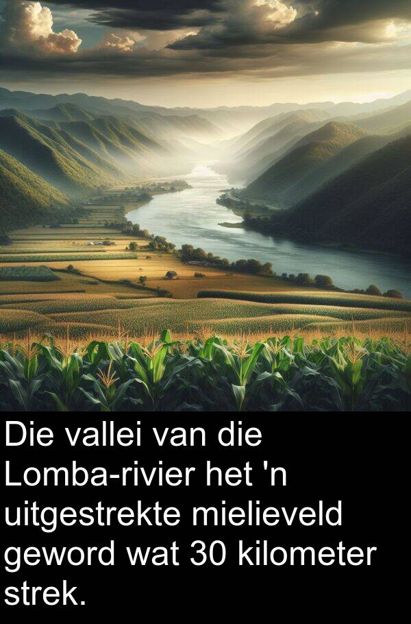 vallei: Die vallei van die Lomba-rivier het 'n uitgestrekte mielieveld geword wat 30 kilometer strek.