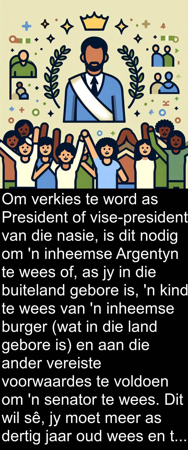 nasie: Om verkies te word as President of vise-president van die nasie, is dit nodig om 'n inheemse Argentyn te wees of, as jy in die buiteland gebore is, 'n kind te wees van 'n inheemse burger (wat in die land gebore is) en aan die ander vereiste voorwaardes te voldoen om 'n senator te wees. Dit wil sê, jy moet meer as dertig jaar oud wees en ten minste ses jaar se uitoefening van burgerskap hê.