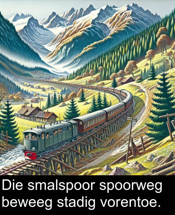 beweeg: Die smalspoor spoorweg beweeg stadig vorentoe.