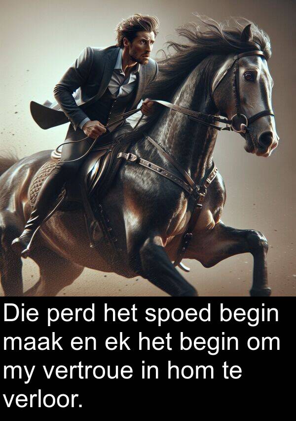 perd: Die perd het spoed begin maak en ek het begin om my vertroue in hom te verloor.