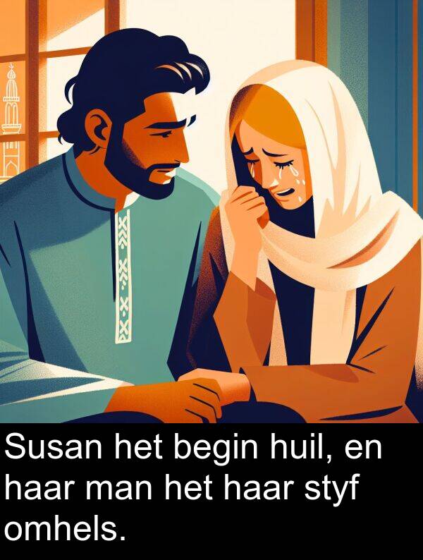 huil: Susan het begin huil, en haar man het haar styf omhels.