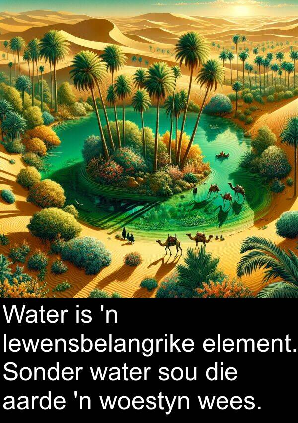 element: Water is 'n lewensbelangrike element. Sonder water sou die aarde 'n woestyn wees.