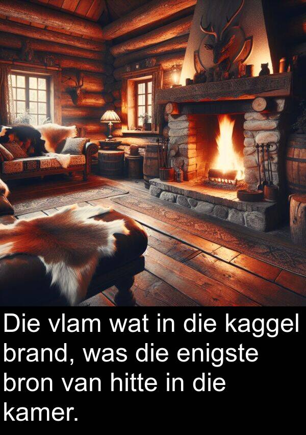 hitte: Die vlam wat in die kaggel brand, was die enigste bron van hitte in die kamer.