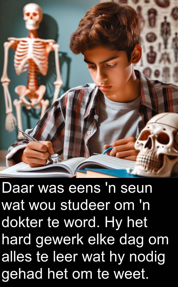 hard: Daar was eens 'n seun wat wou studeer om 'n dokter te word. Hy het hard gewerk elke dag om alles te leer wat hy nodig gehad het om te weet.