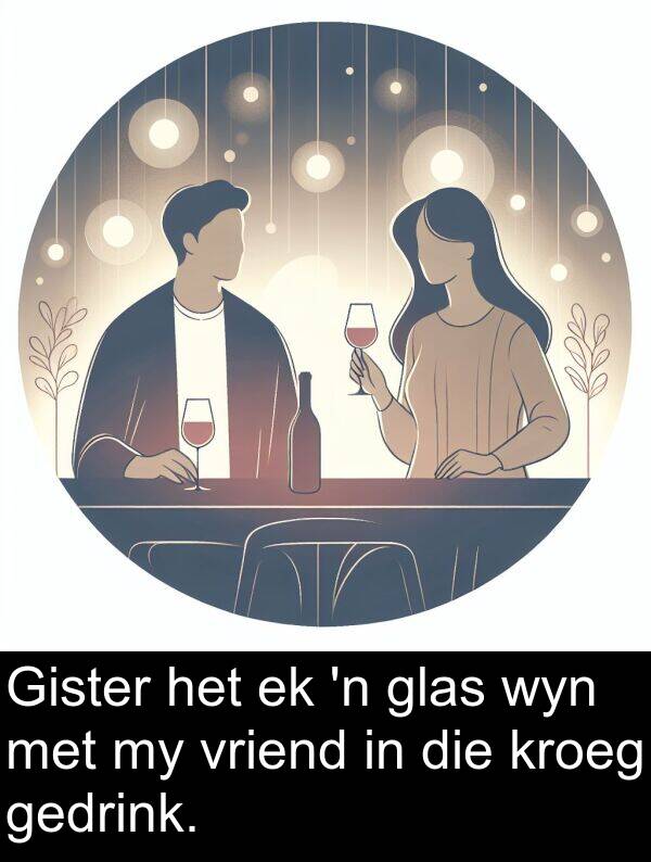 gedrink: Gister het ek 'n glas wyn met my vriend in die kroeg gedrink.