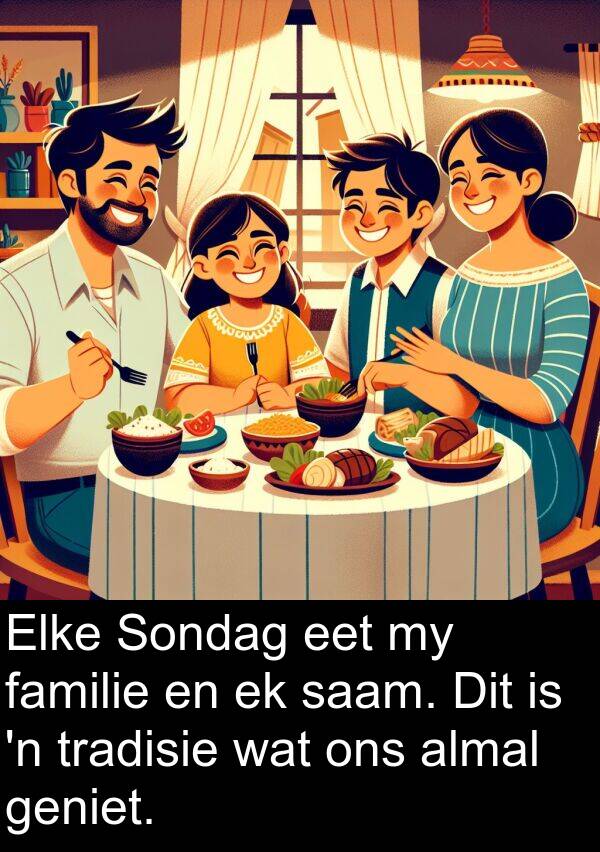 familie: Elke Sondag eet my familie en ek saam. Dit is 'n tradisie wat ons almal geniet.