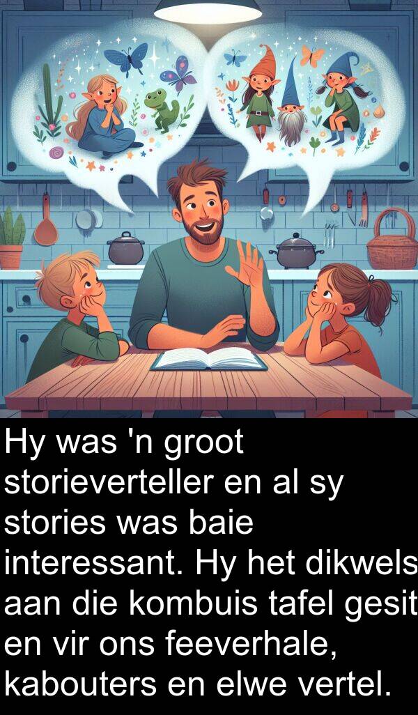 feeverhale: Hy was 'n groot storieverteller en al sy stories was baie interessant. Hy het dikwels aan die kombuis tafel gesit en vir ons feeverhale, kabouters en elwe vertel.