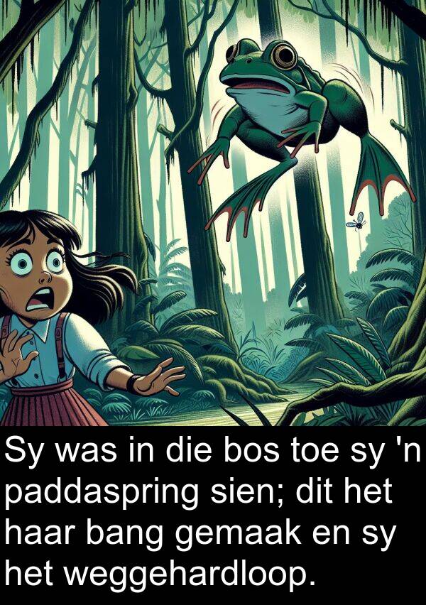 bang: Sy was in die bos toe sy 'n paddaspring sien; dit het haar bang gemaak en sy het weggehardloop.