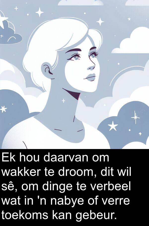 toekoms: Ek hou daarvan om wakker te droom, dit wil sê, om dinge te verbeel wat in 'n nabye of verre toekoms kan gebeur.