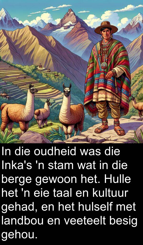 gehou: In die oudheid was die Inka's 'n stam wat in die berge gewoon het. Hulle het 'n eie taal en kultuur gehad, en het hulself met landbou en veeteelt besig gehou.