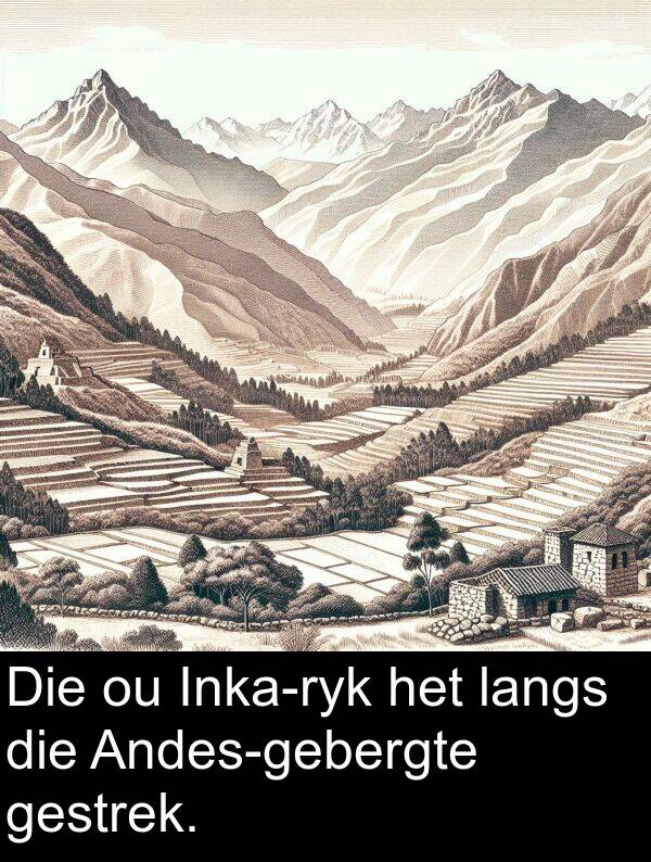 langs: Die ou Inka-ryk het langs die Andes-gebergte gestrek.