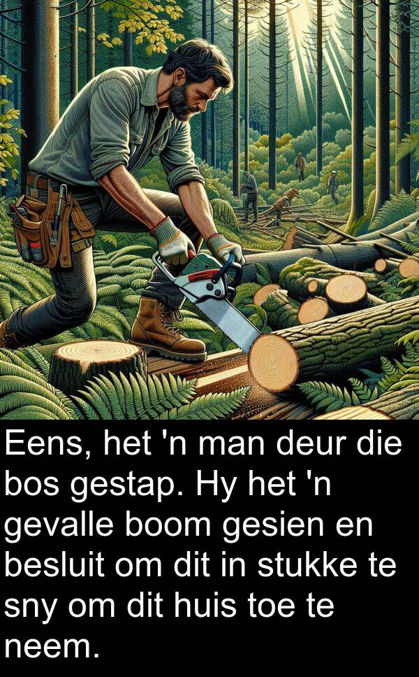 gevalle: Eens, het 'n man deur die bos gestap. Hy het 'n gevalle boom gesien en besluit om dit in stukke te sny om dit huis toe te neem.