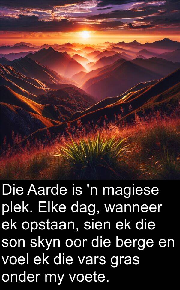 berge: Die Aarde is 'n magiese plek. Elke dag, wanneer ek opstaan, sien ek die son skyn oor die berge en voel ek die vars gras onder my voete.