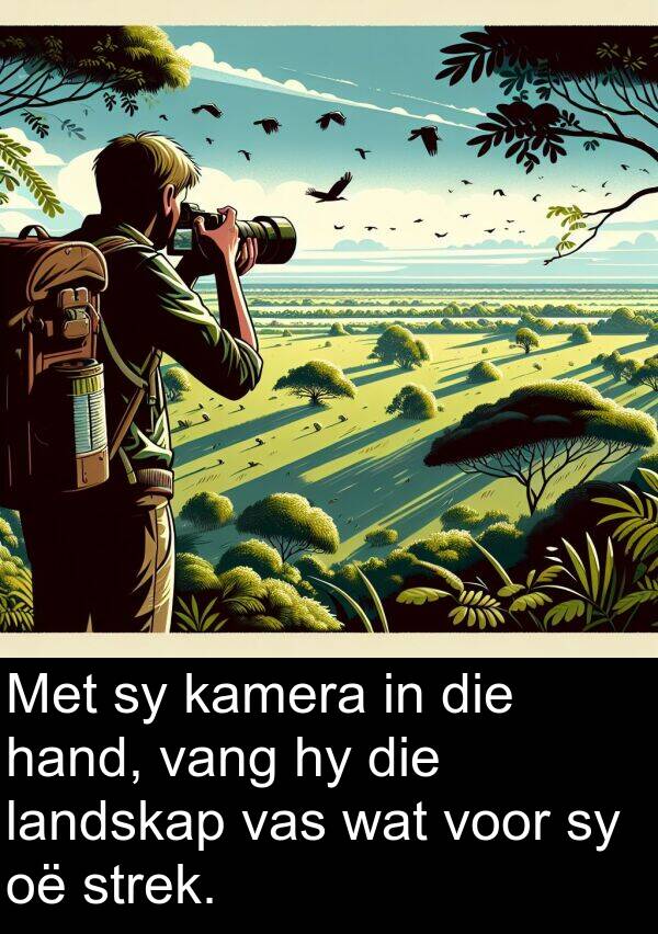 hand: Met sy kamera in die hand, vang hy die landskap vas wat voor sy oë strek.