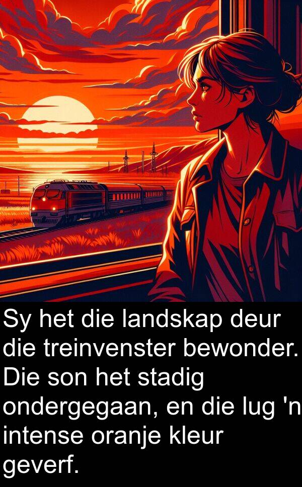 treinvenster: Sy het die landskap deur die treinvenster bewonder. Die son het stadig ondergegaan, en die lug 'n intense oranje kleur geverf.