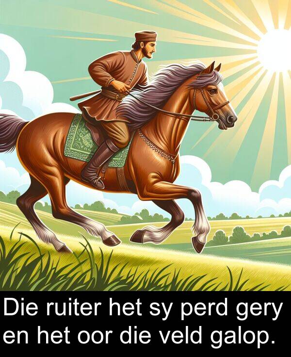 perd: Die ruiter het sy perd gery en het oor die veld galop.