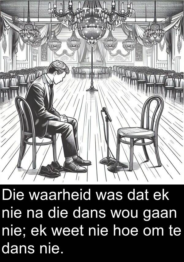 wou: Die waarheid was dat ek nie na die dans wou gaan nie; ek weet nie hoe om te dans nie.