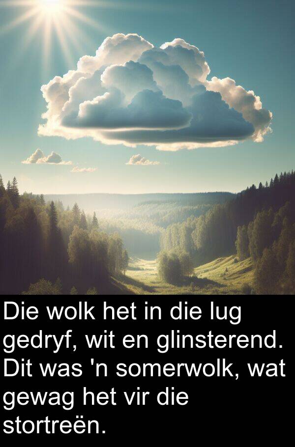 gedryf: Die wolk het in die lug gedryf, wit en glinsterend. Dit was 'n somerwolk, wat gewag het vir die stortreën.